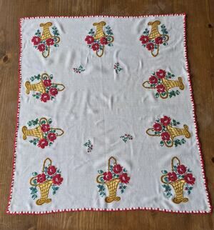 Vintage Hand Embroidered 34 X 31 Flower Baskets Festive Retro Home